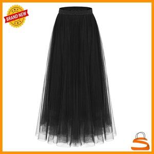 Layered Tulle Midi Skirt Elastic Waist A-Line Tiered Long Skirt Women's